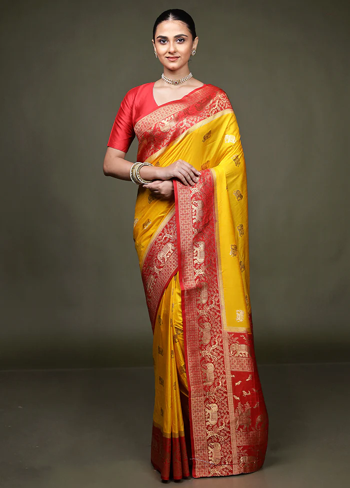 Yellow Dupion Silk Saree With Blouse Piece - Image 2