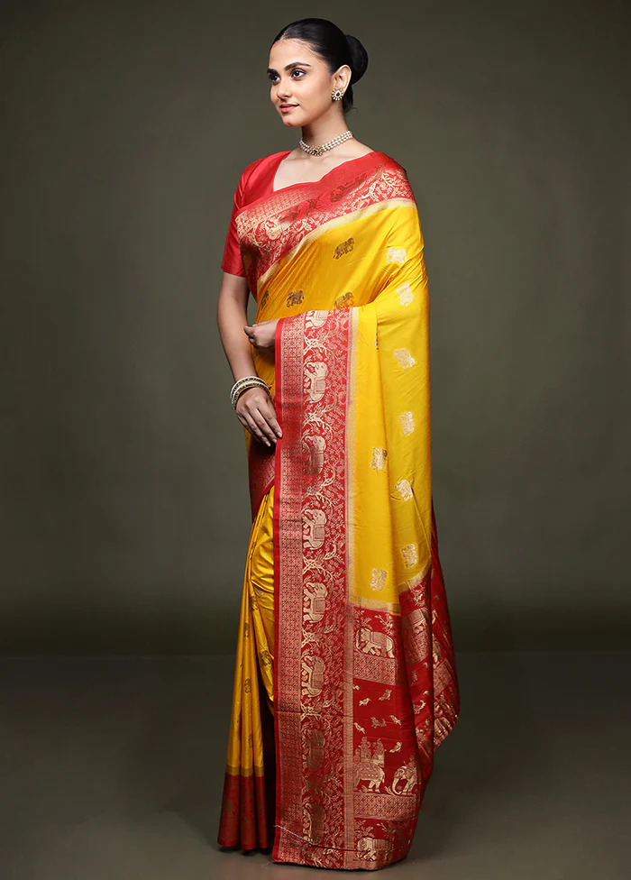 Yellow Dupion Silk Saree With Blouse Piece - Image 4