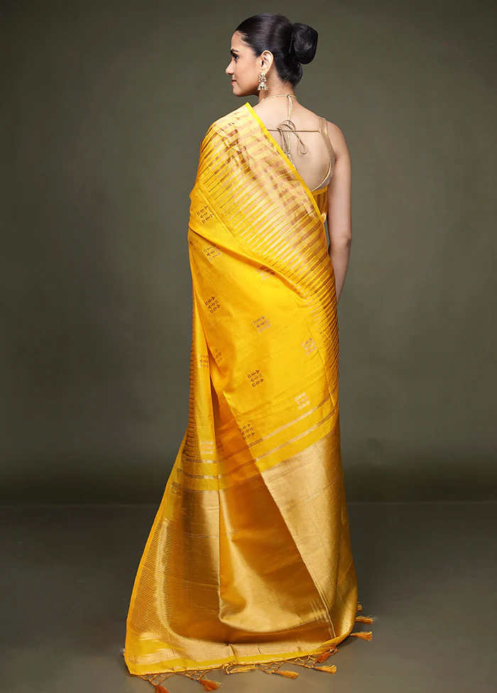 Yellow Dupion Silk Saree With Blouse Piece - Image 3