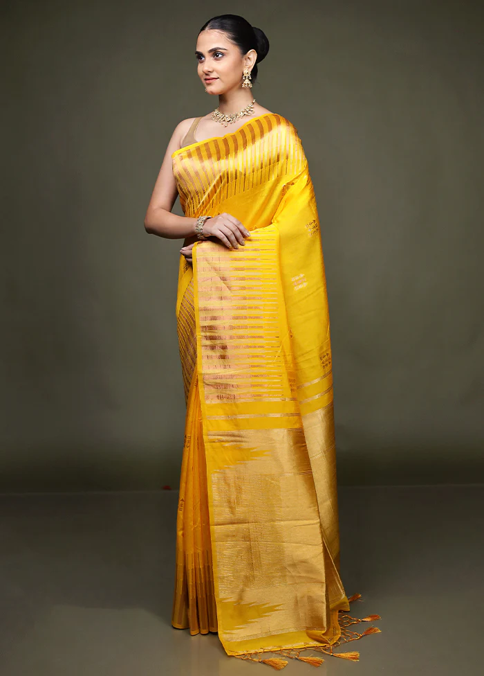 Yellow Dupion Silk Saree With Blouse Piece - Image 4