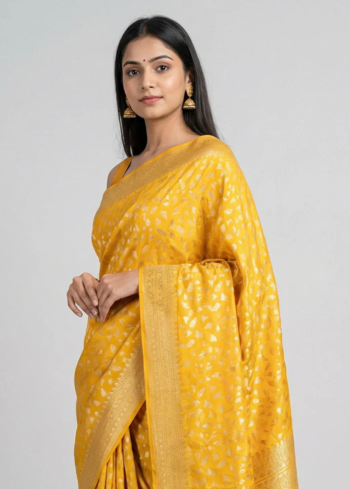 Yellow Dupion Silk Saree With Blouse Piece - Image 2
