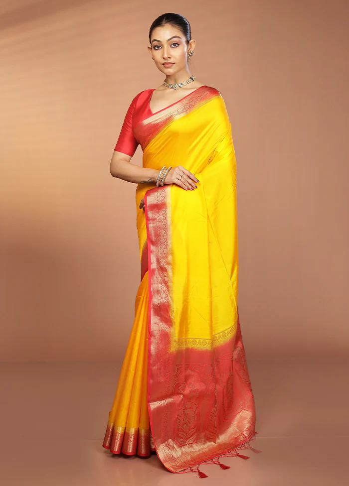 Yellow Dupion Silk Saree With Blouse Piece - Image 4
