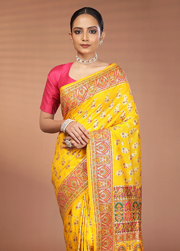 Yellow Dupion Silk Saree With Blouse Piece