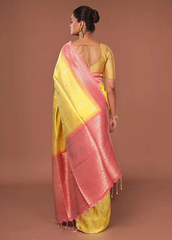 Yellow Dupion Silk Saree With Blouse Piece - Image 3