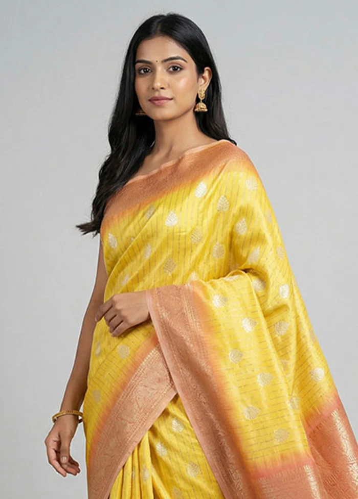 Yellow Dupion Silk Saree With Blouse Piece - Image 2