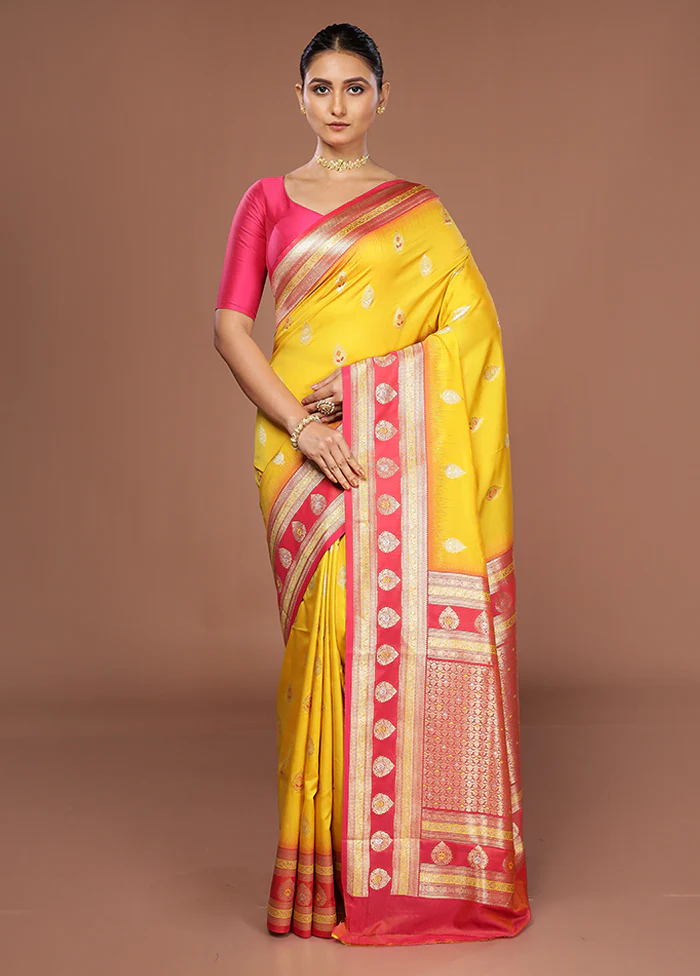 Yellow Dupion Silk Saree With Blouse Piece - Image 2