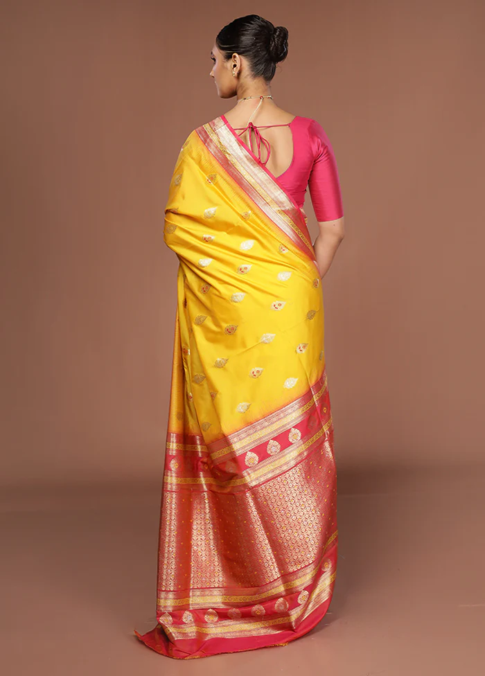 Yellow Dupion Silk Saree With Blouse Piece - Image 3