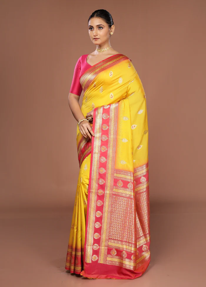 Yellow Dupion Silk Saree With Blouse Piece - Image 4