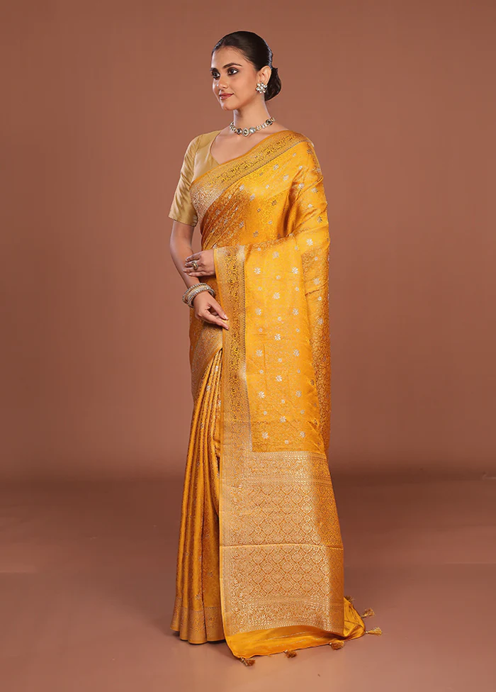 Yellow Dupion Silk Saree With Blouse Piece - Image 4