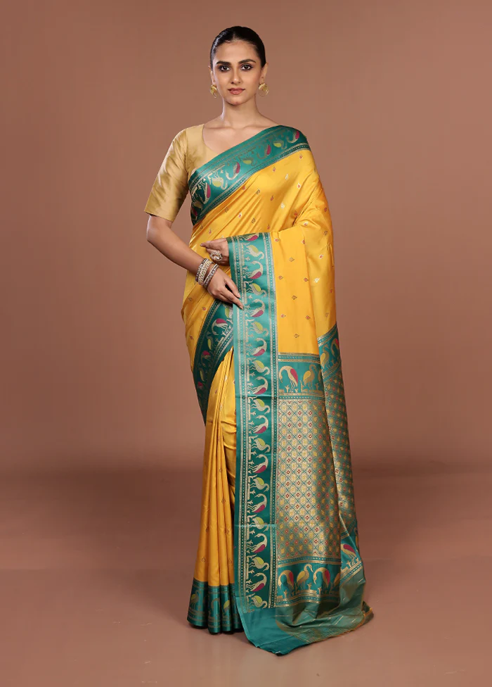 Yellow Dupion Silk Saree With Blouse Piece - Image 2