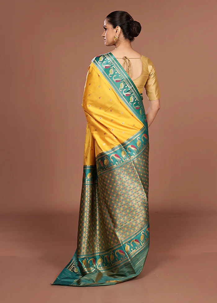 Yellow Dupion Silk Saree With Blouse Piece - Image 3