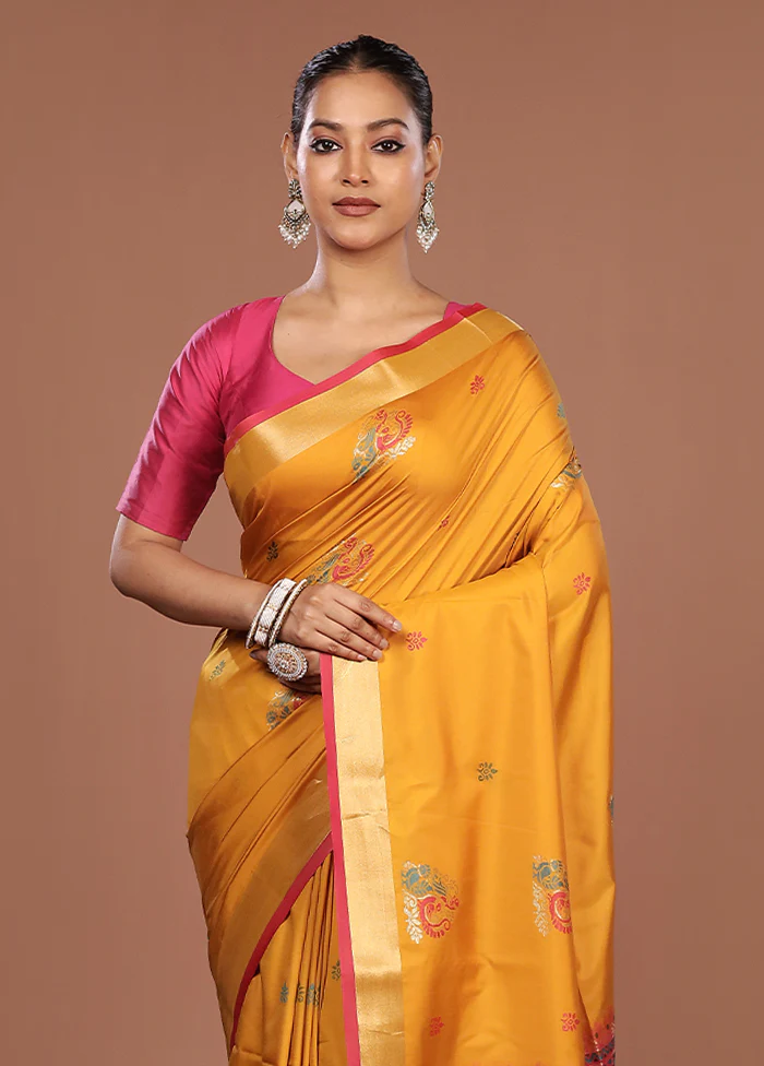 Yellow Dupion Silk Saree With Blouse Piece