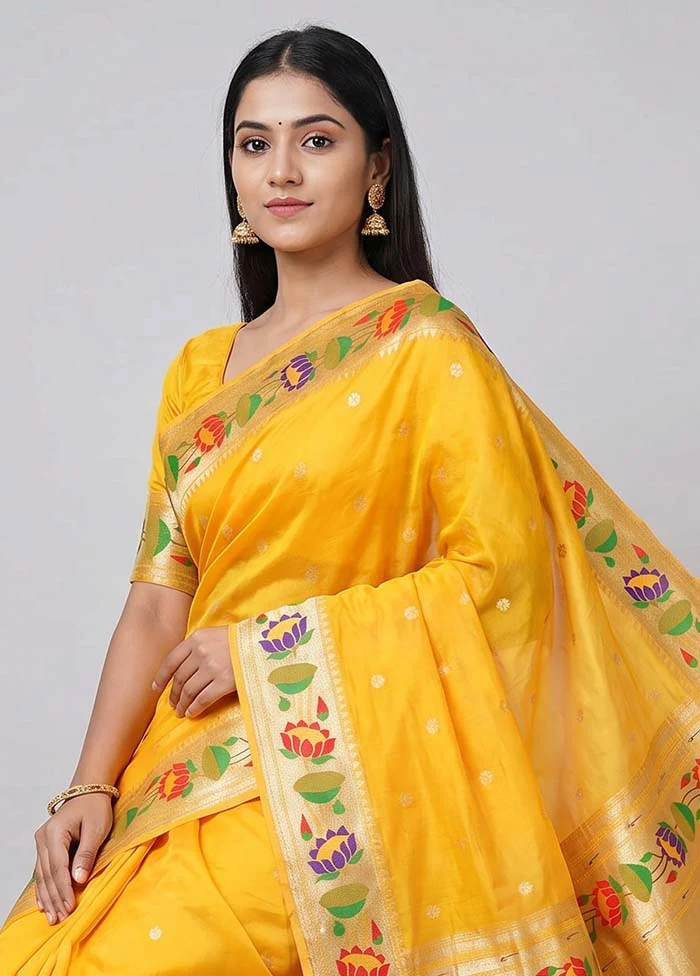 Yellow Dupion Silk Saree With Blouse Piece - Image 2