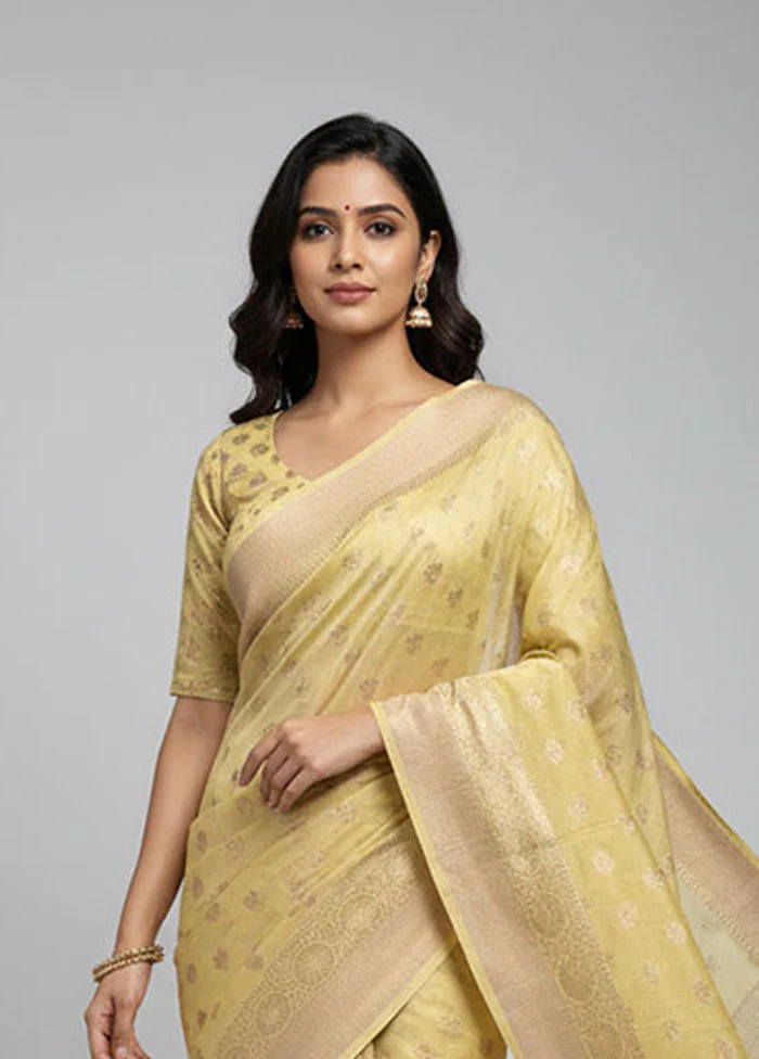 Yellow Dupion Silk Saree With Blouse Piece - Image 2