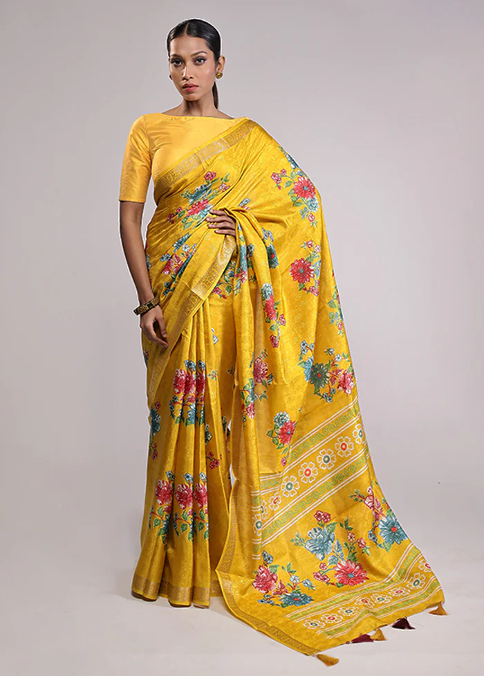 Yellow Dupion Silk Saree With Blouse Piece - Image 2