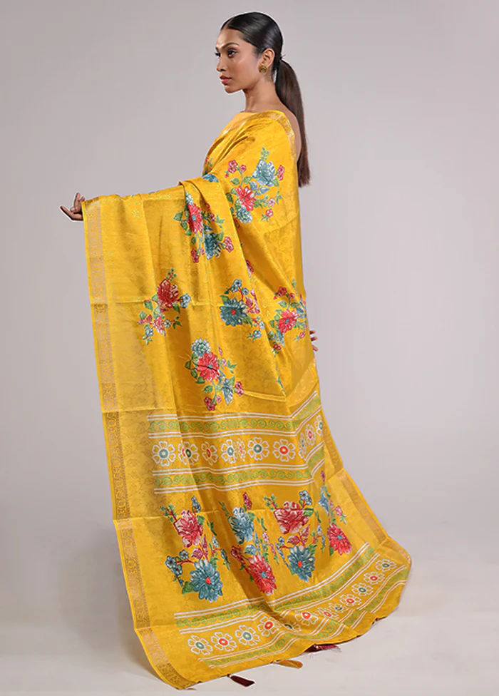 Yellow Dupion Silk Saree With Blouse Piece - Image 4
