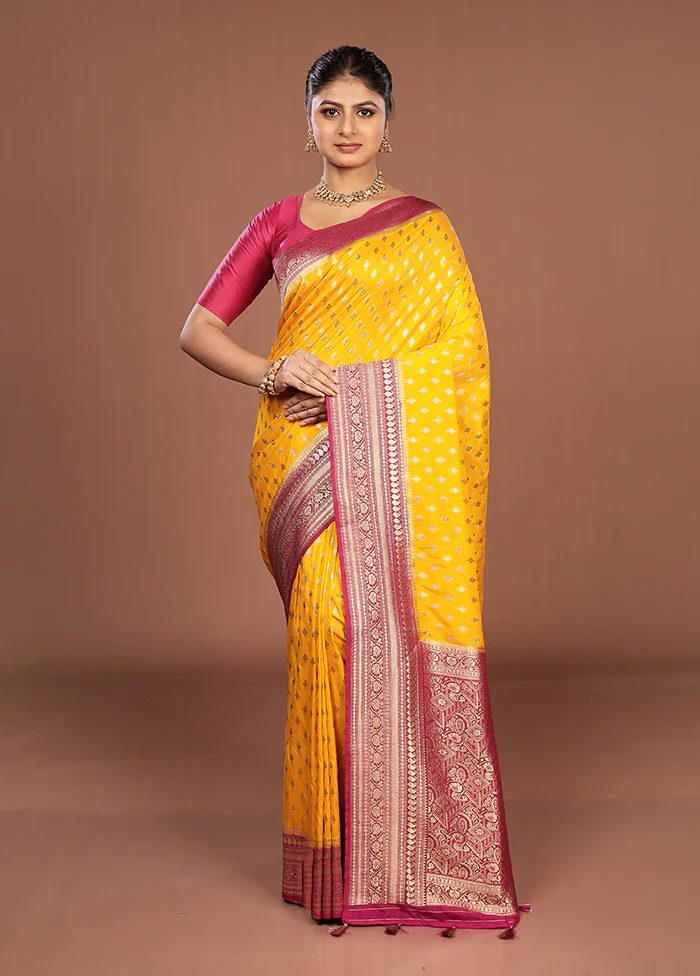 Yellow Dupion Silk Saree With Blouse Piece - Image 2