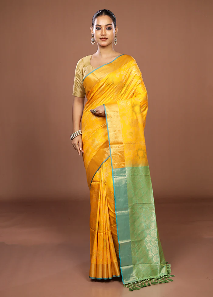 Yellow Dupion Silk Saree With Blouse Piece - Image 2