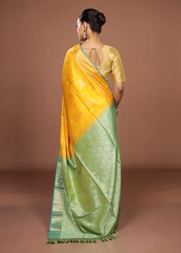Yellow Dupion Silk Saree With Blouse Piece - Image 3