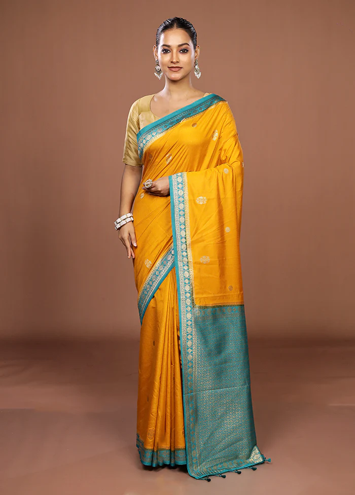 Yellow Dupion Silk Saree With Blouse Piece - Image 2