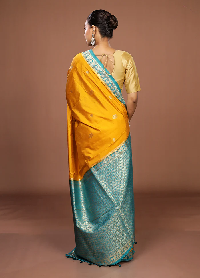 Yellow Dupion Silk Saree With Blouse Piece - Image 3