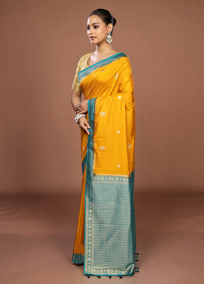 Yellow Dupion Silk Saree With Blouse Piece - Image 4