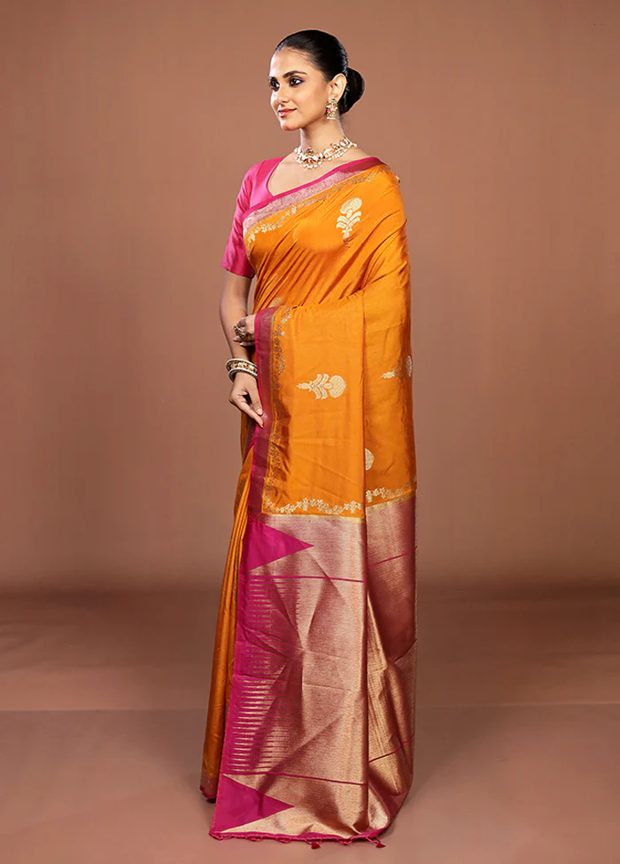 Yellow Dupion Silk Saree With Blouse Piece - Image 4