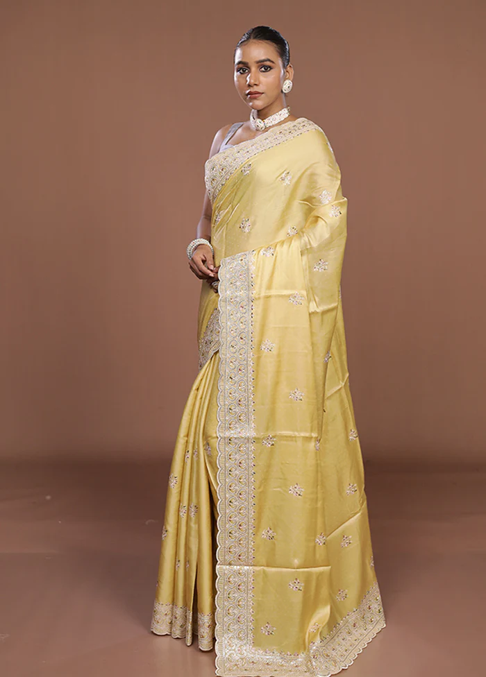 Yellow Dupion Silk Saree With Blouse Piece - Image 4