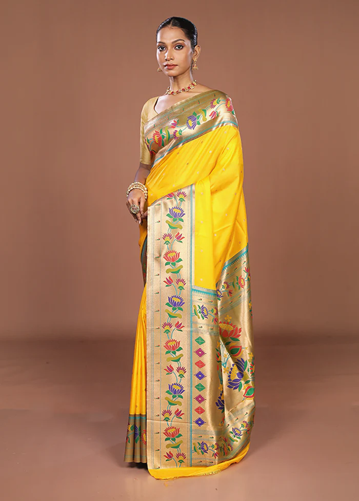 Yellow Dupion Silk Saree With Blouse Piece - Image 4