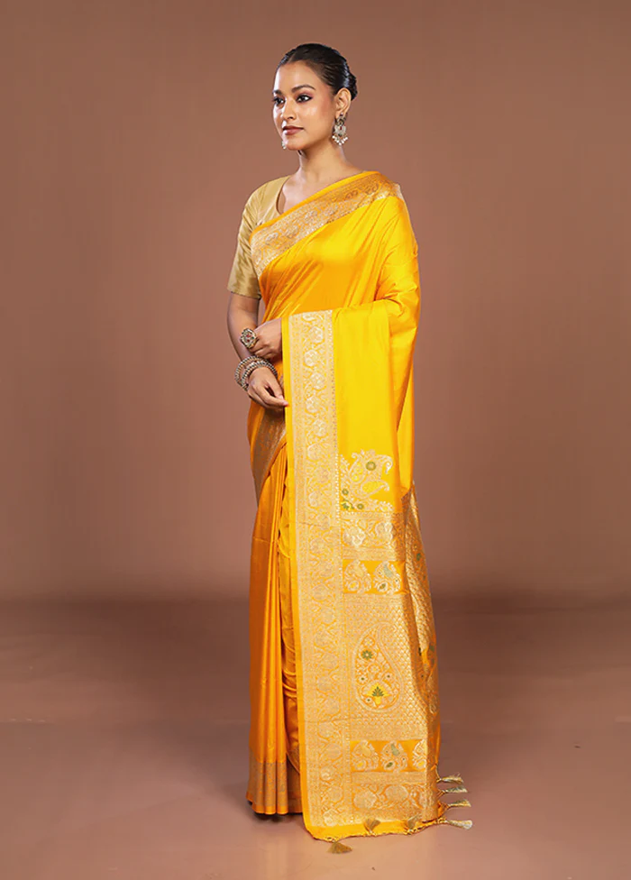 Yellow Dupion Silk Saree With Blouse Piece - Image 4
