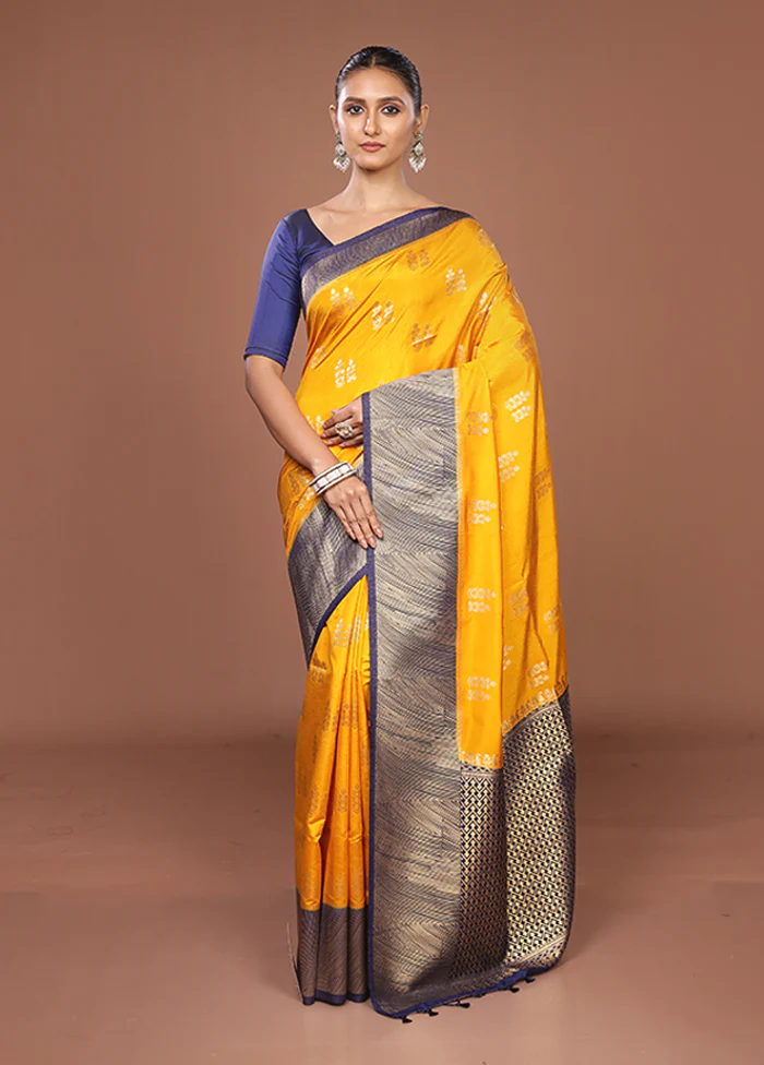 Yellow Dupion Silk Saree With Blouse Piece - Image 2