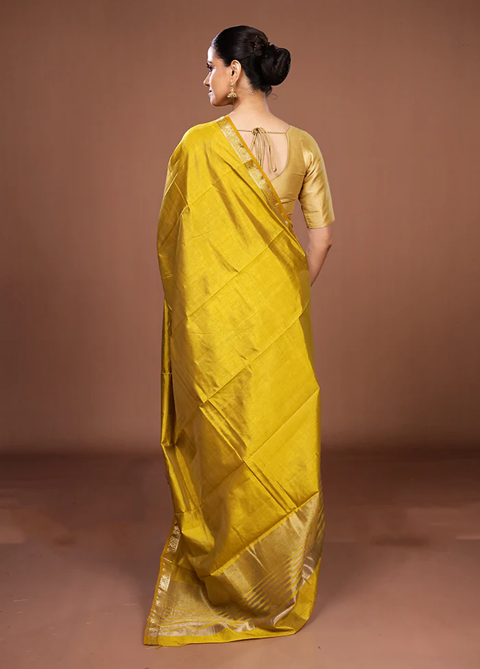 Yellow Dupion Silk Saree With Blouse Piece - Image 3