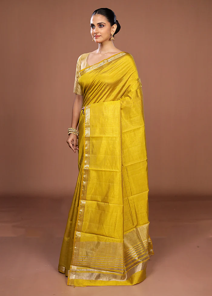 Yellow Dupion Silk Saree With Blouse Piece - Image 4