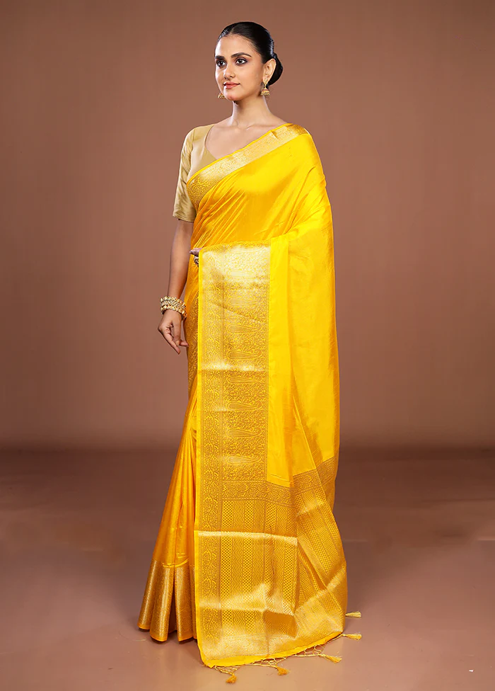 Yellow Dupion Silk Saree With Blouse Piece - Image 4