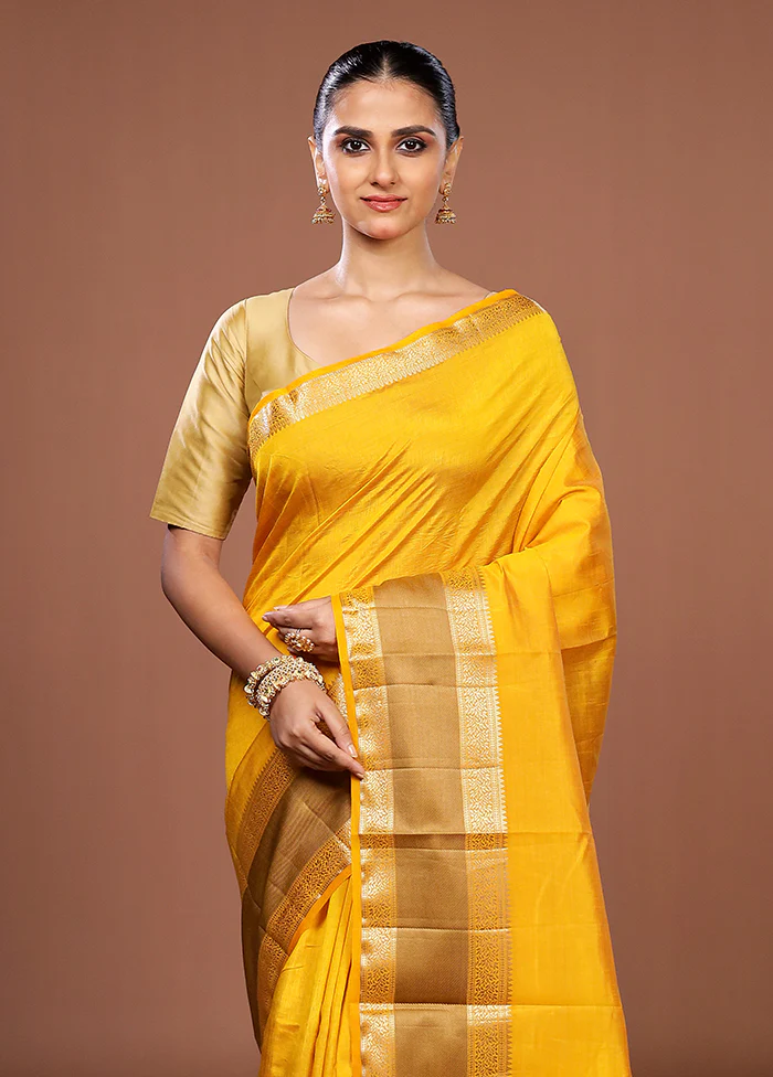 Yellow Dupion Silk Saree With Blouse Piece