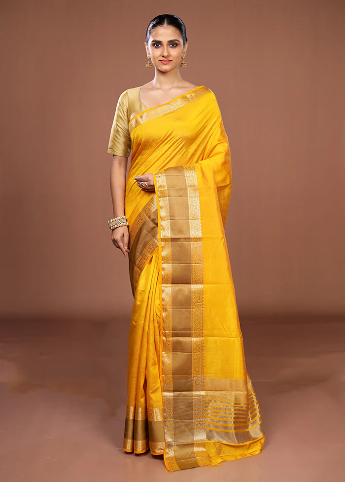 Yellow Dupion Silk Saree With Blouse Piece - Image 2