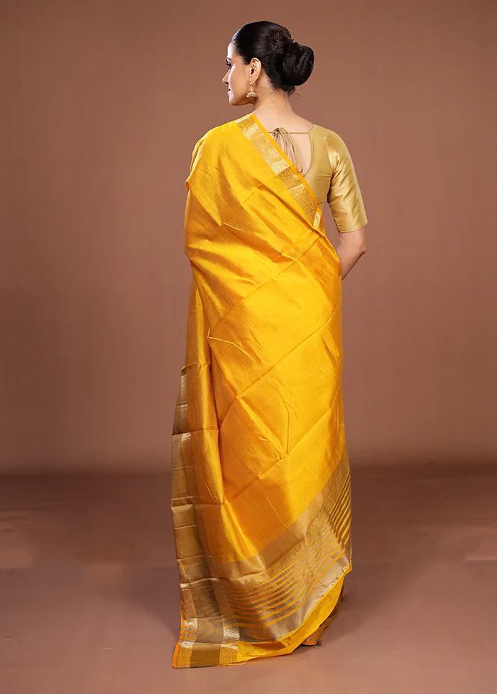 Yellow Dupion Silk Saree With Blouse Piece - Image 3