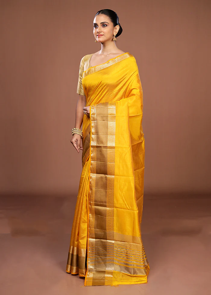 Yellow Dupion Silk Saree With Blouse Piece - Image 4
