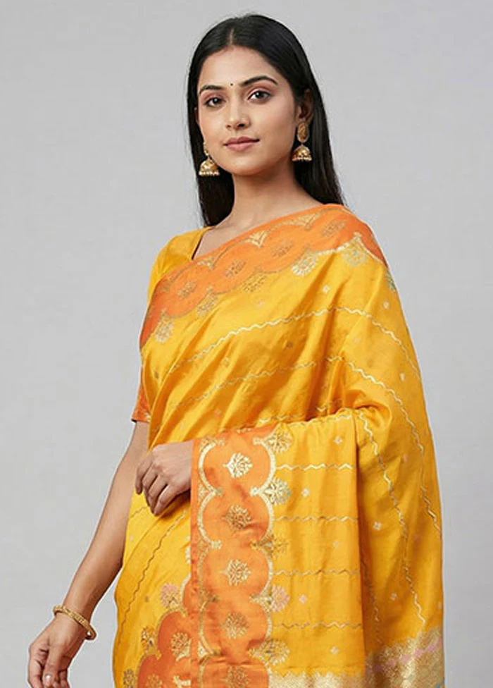 Yellow Dupion Silk Saree With Blouse Piece - Image 2