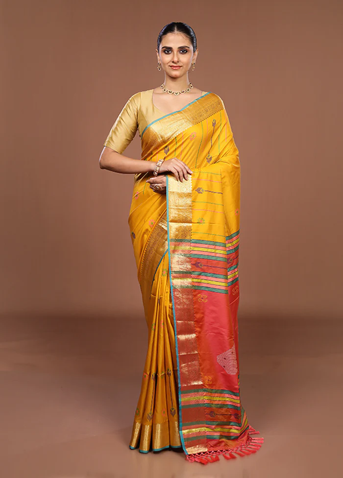 Yellow Dupion Silk Saree With Blouse Piece - Image 2