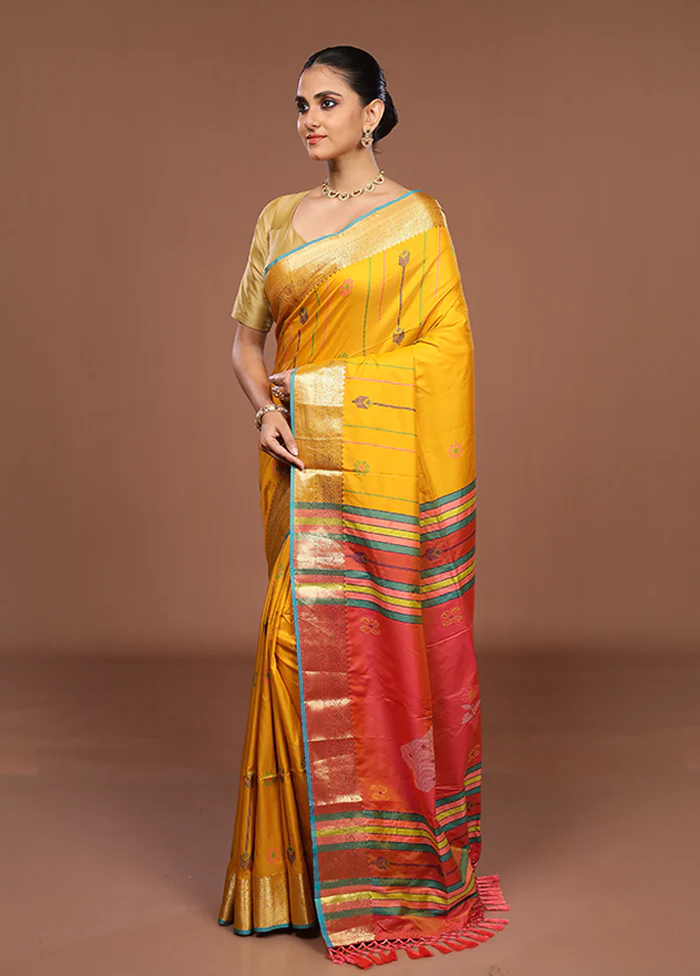 Yellow Dupion Silk Saree With Blouse Piece - Image 4