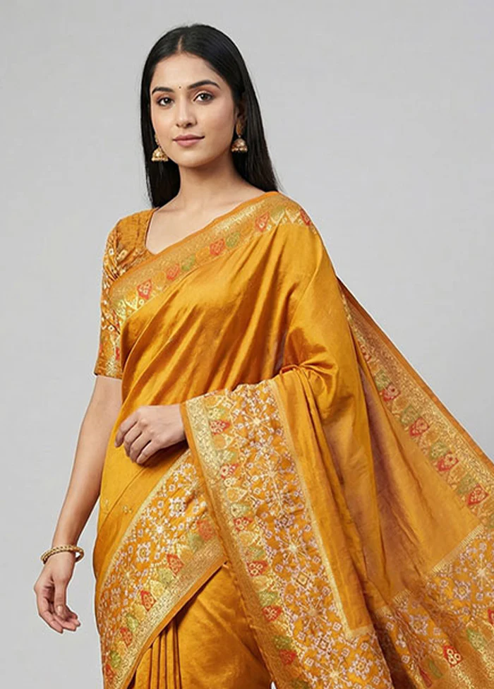 Yellow Dupion Silk Saree With Blouse Piece - Image 2