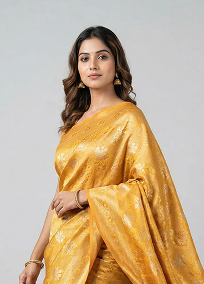Yellow Dupion Silk Saree With Blouse Piece - Image 2