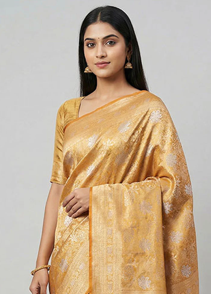 Yellow Dupion Silk Saree With Blouse Piece - Image 2