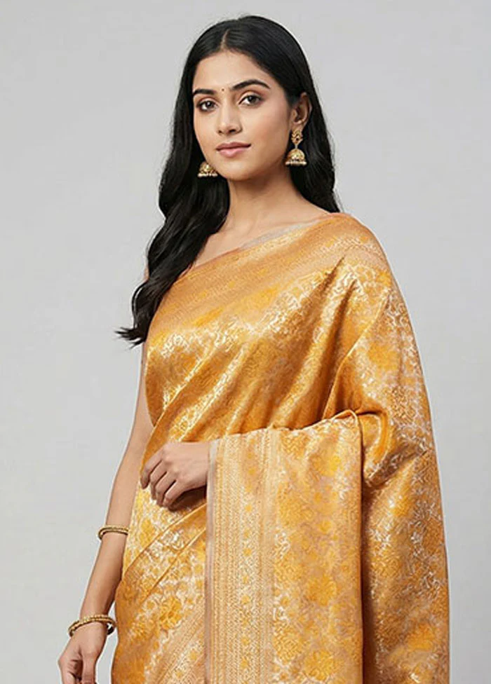 Yellow Dupion Silk Saree With Blouse Piece - Image 2