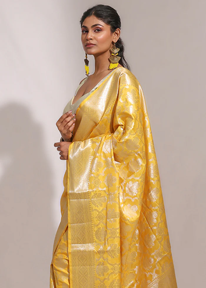 Yellow Dupion Silk Saree With Blouse Piece