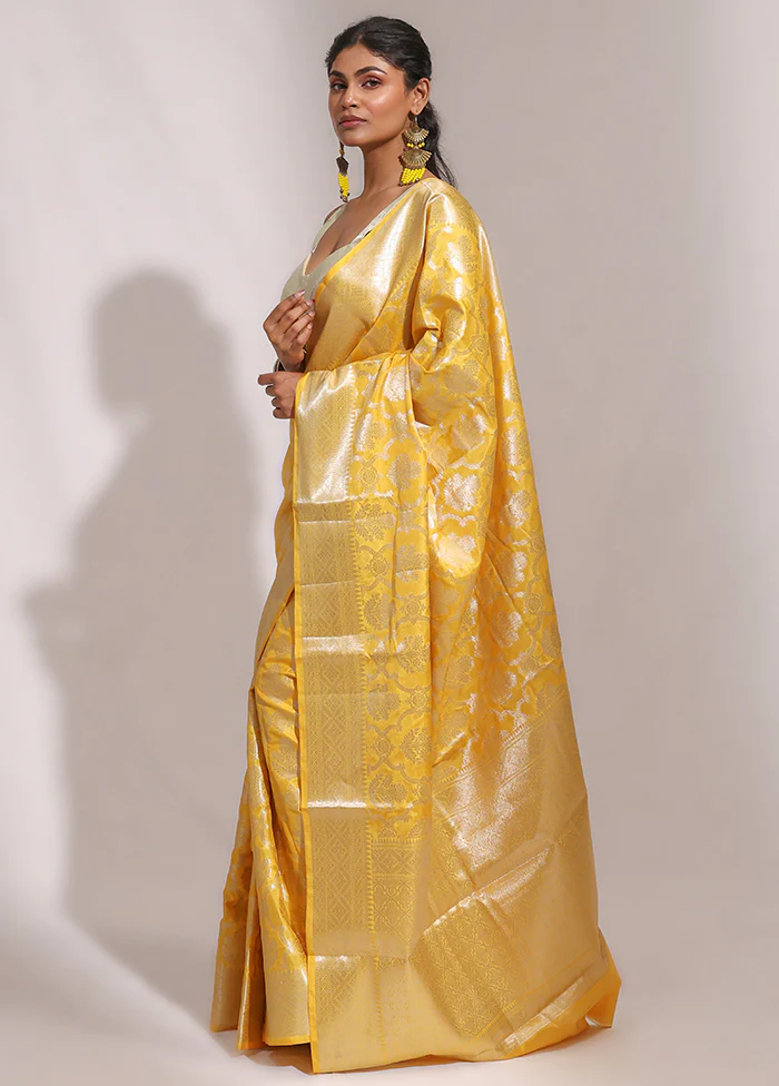 Yellow Dupion Silk Saree With Blouse Piece - Image 4