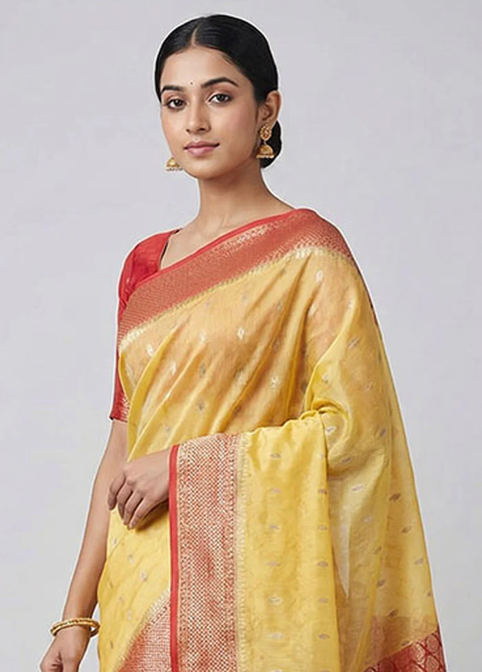 Yellow Dupion Silk Saree With Blouse Piece - Image 2
