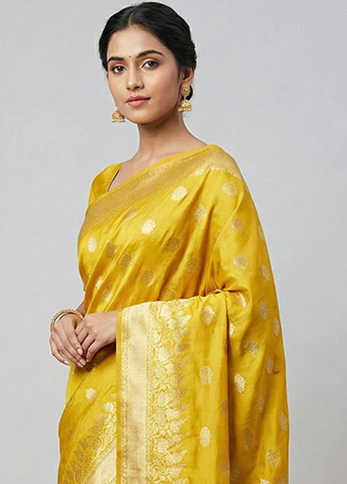 Yellow Dupion Silk Saree With Blouse Piece - Image 2