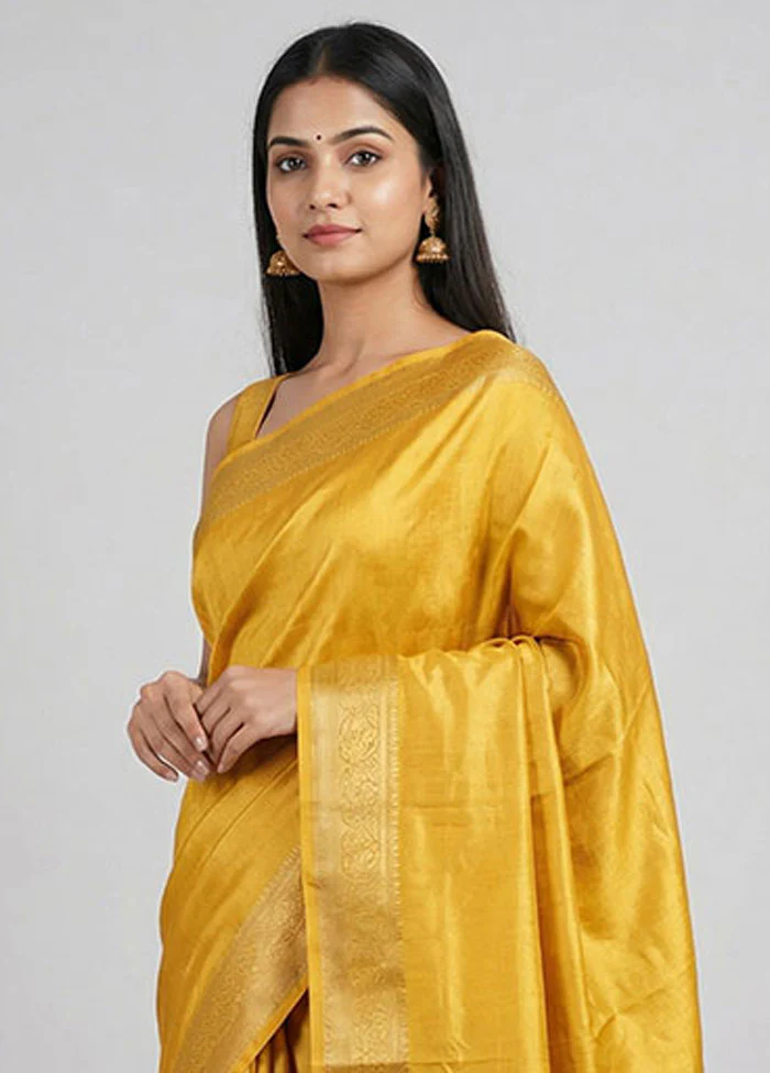 Yellow Dupion Silk Saree With Blouse Piece - Image 2